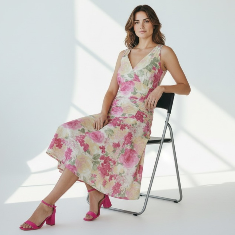 NWT Jonathan Martin Studio Pink and Floral V-Neck Midi Dress Size 16